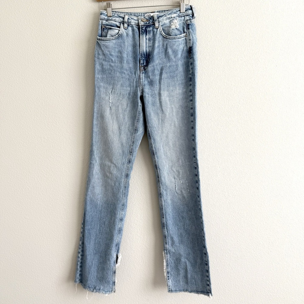 Zara Distressed Denim Womens 4 Light Wash High Waist Flare Casual Jeans Retro